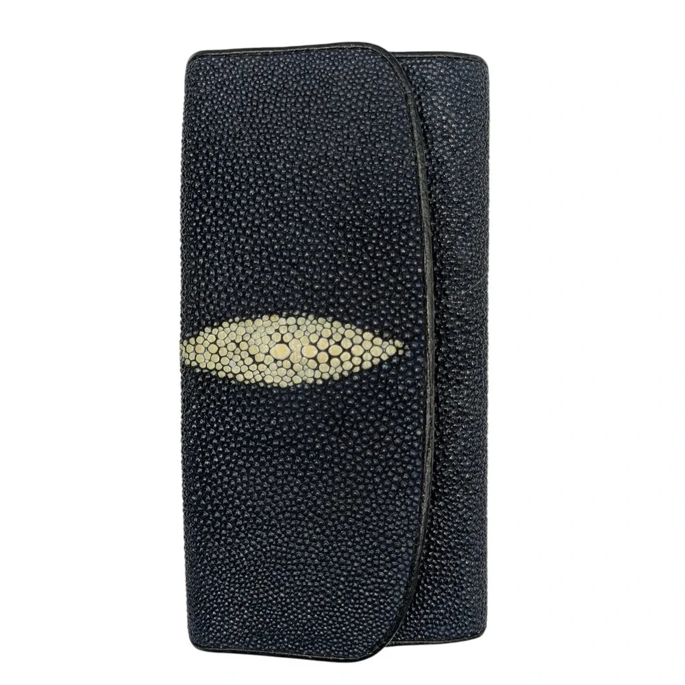 Stingray Skin Wallet Black Large Bifold Clutch Genuine Shagreen Pearl Eye